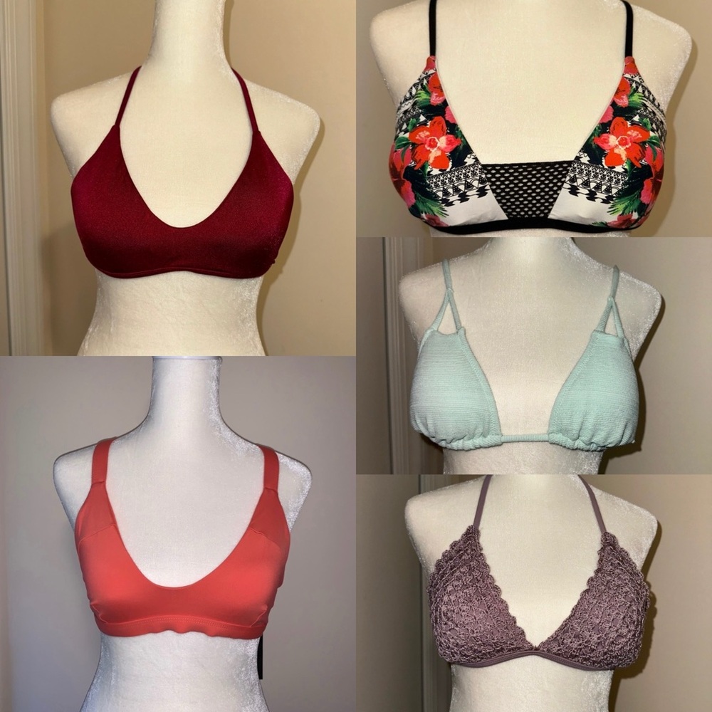 Bundle of 5 bikini tops, size M, Rip Curl Volcom, Floral Red Orange Blue